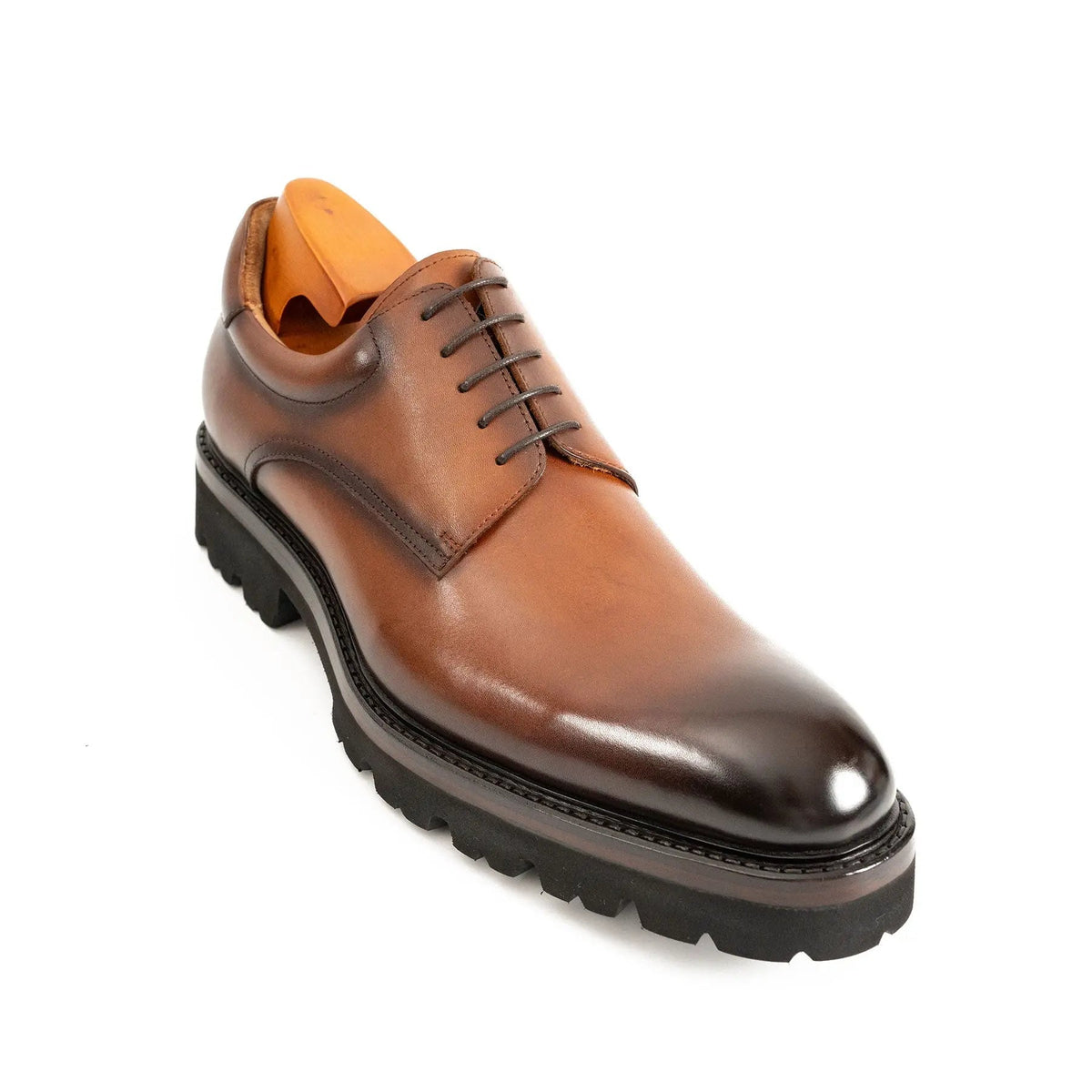 Brown Plain-Toe Calf Leather Derby Shoes