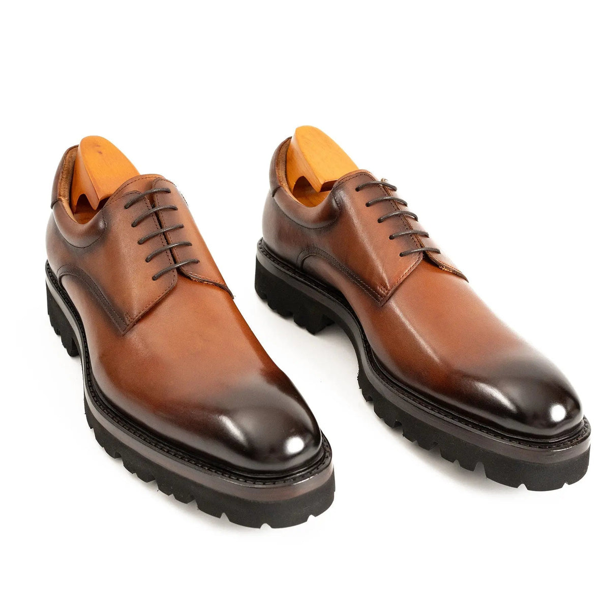 Brown Plain-Toe Calf Leather Derby Shoes