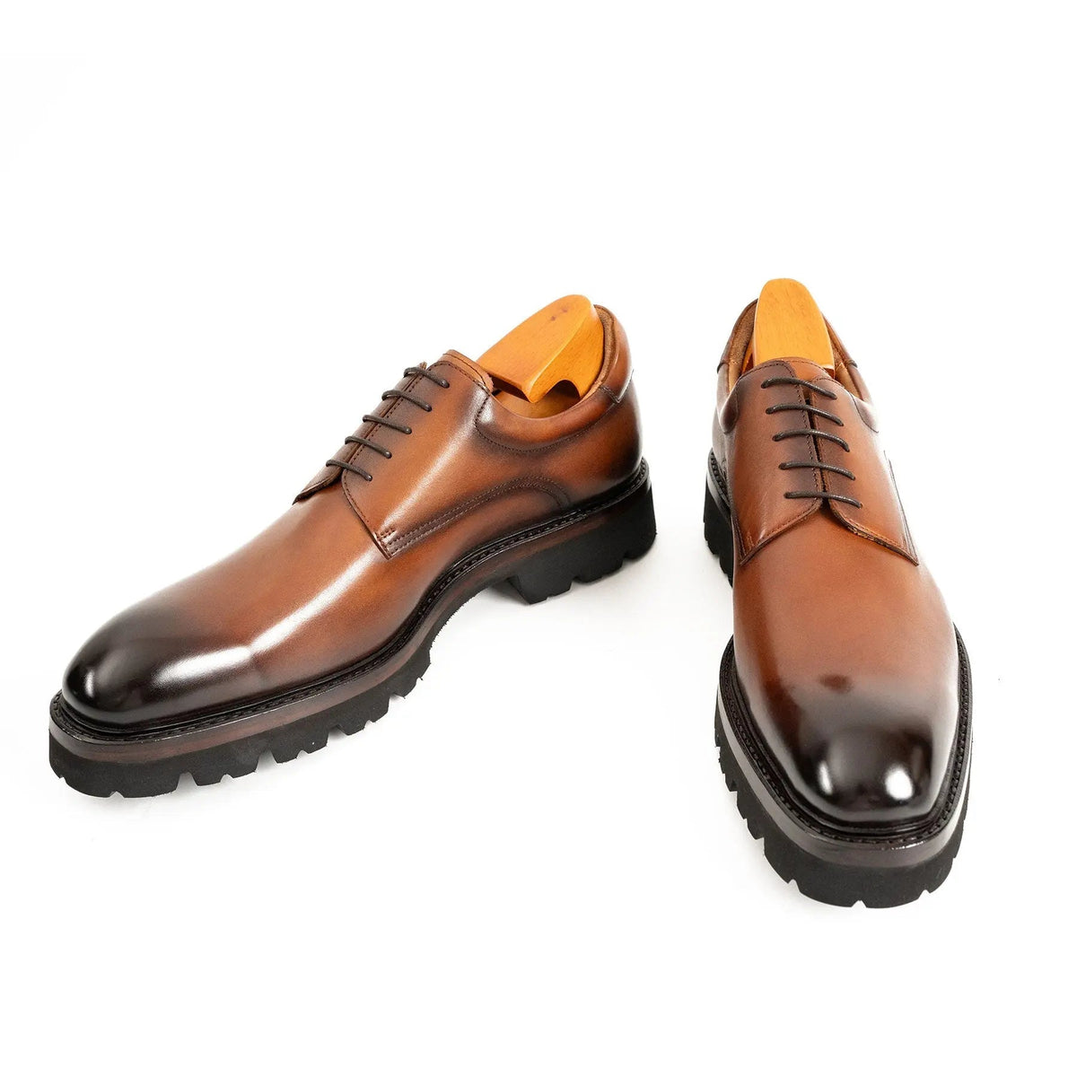 Brown Plain-Toe Calf Leather Derby Shoes