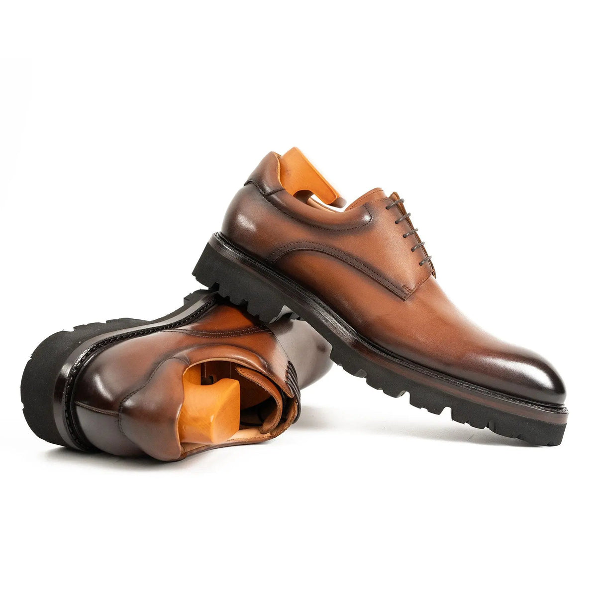 Brown Plain-Toe Calf Leather Derby Shoes