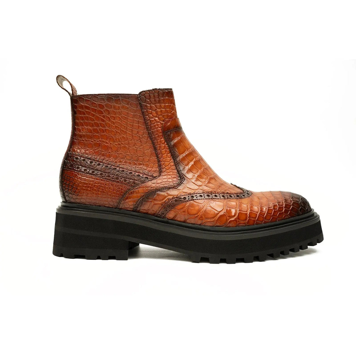 Orange-Brown Wingtip Crocodile Leather Chelsea Boots