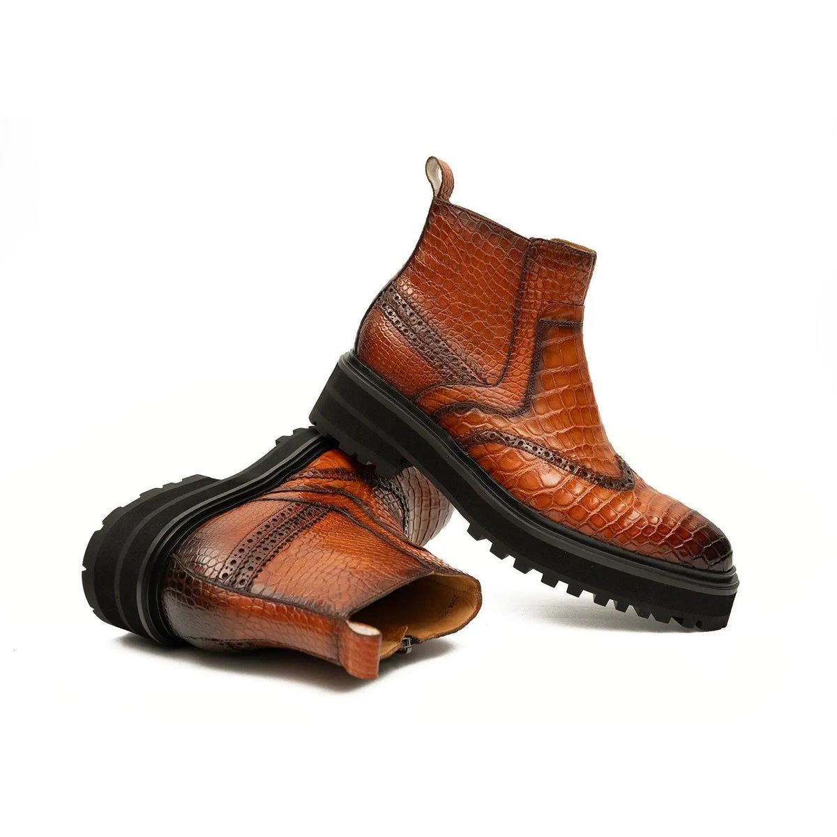 Orange-Brown Wingtip Crocodile Leather Chelsea Boots