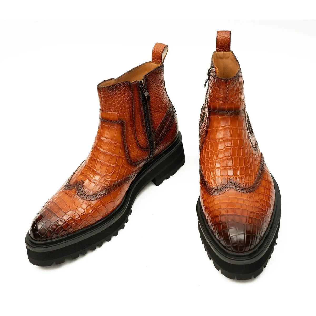 Orange-Brown Wingtip Crocodile Leather Chelsea Boots