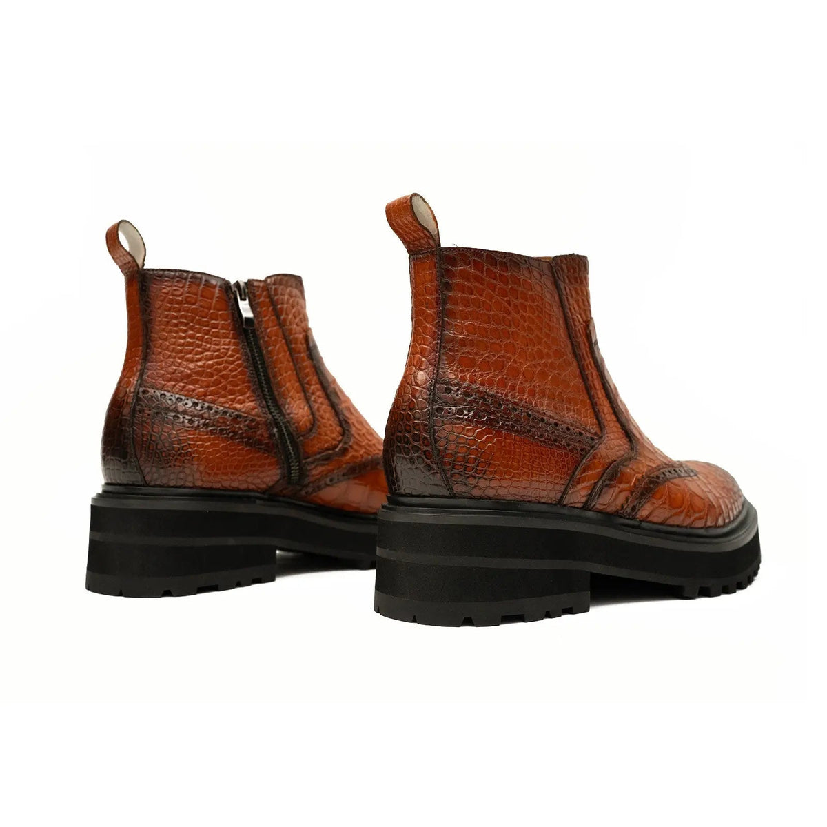 Orange-Brown Wingtip Crocodile Leather Chelsea Boots