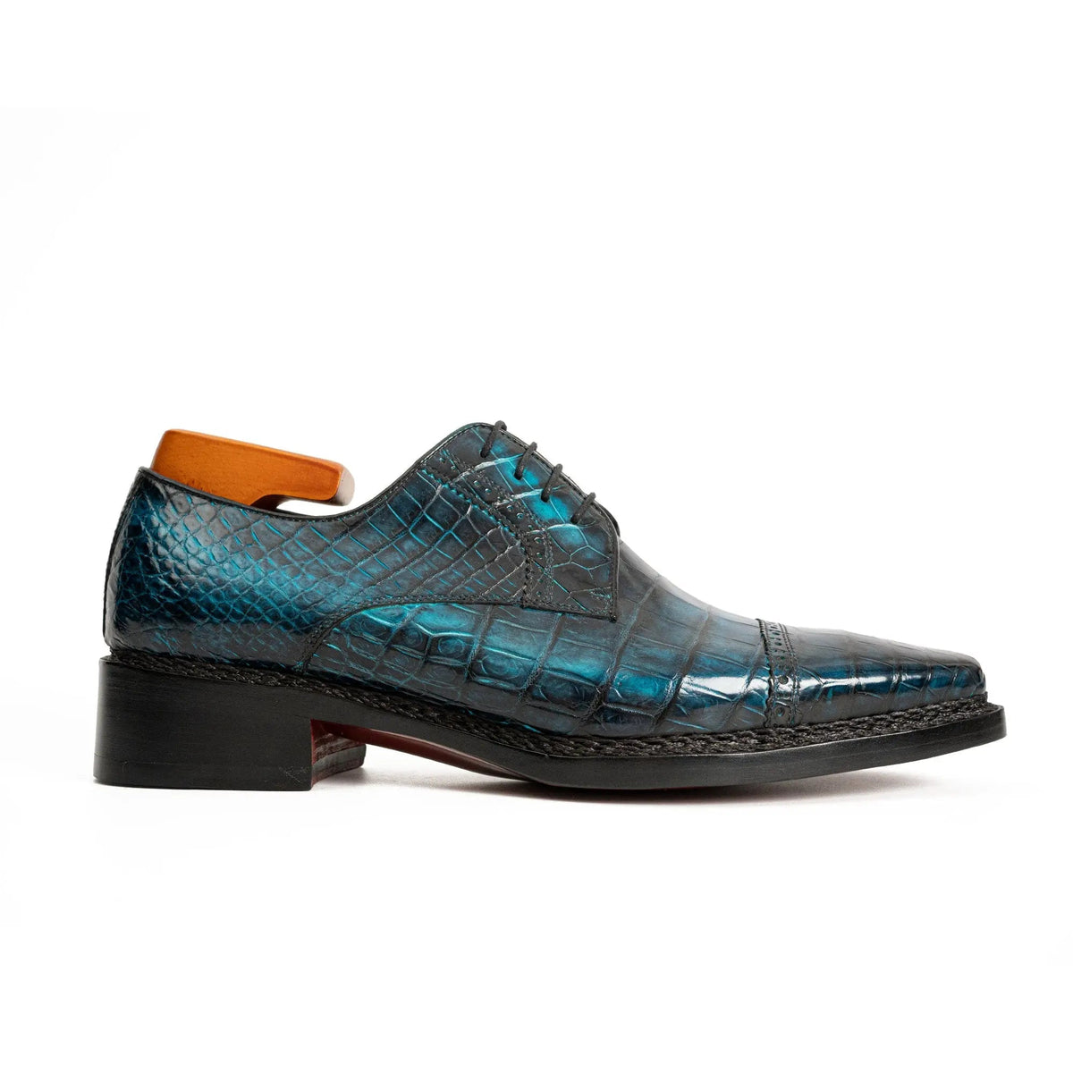 Blue Cap-Toe Crocodile Leather Derby Shoes