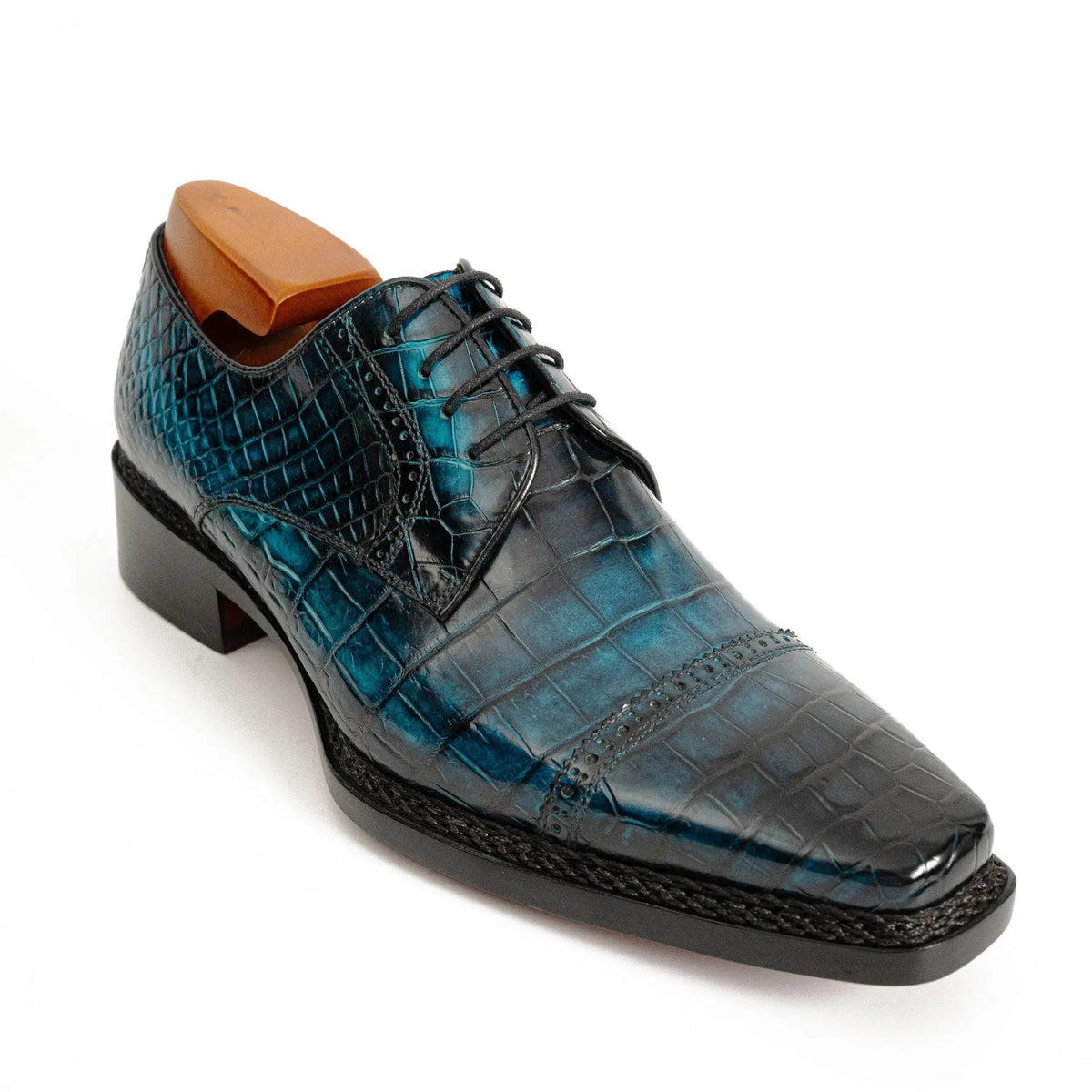 Blue Cap-Toe Crocodile Leather Derby Shoes