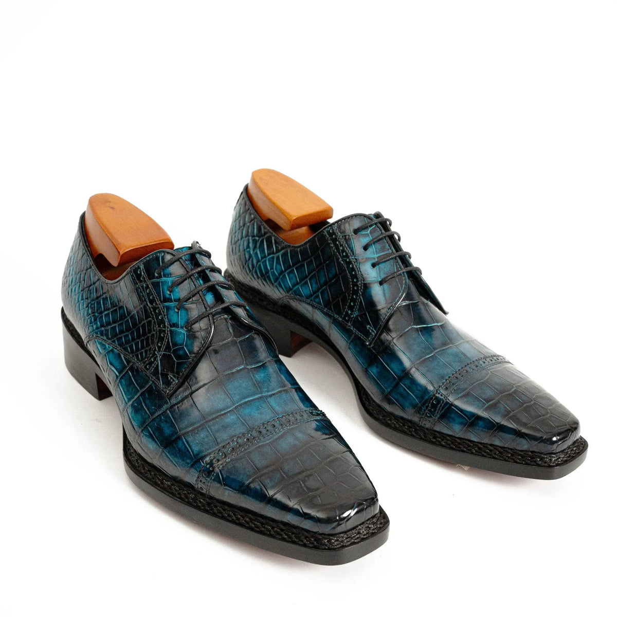 Blue Cap-Toe Crocodile Leather Derby Shoes