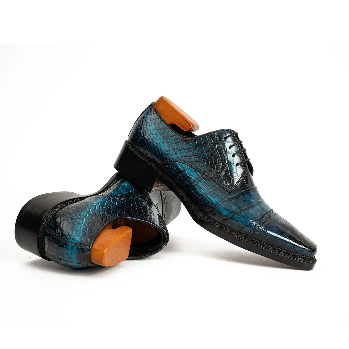 Blue Cap-Toe Crocodile Leather Derby Shoes