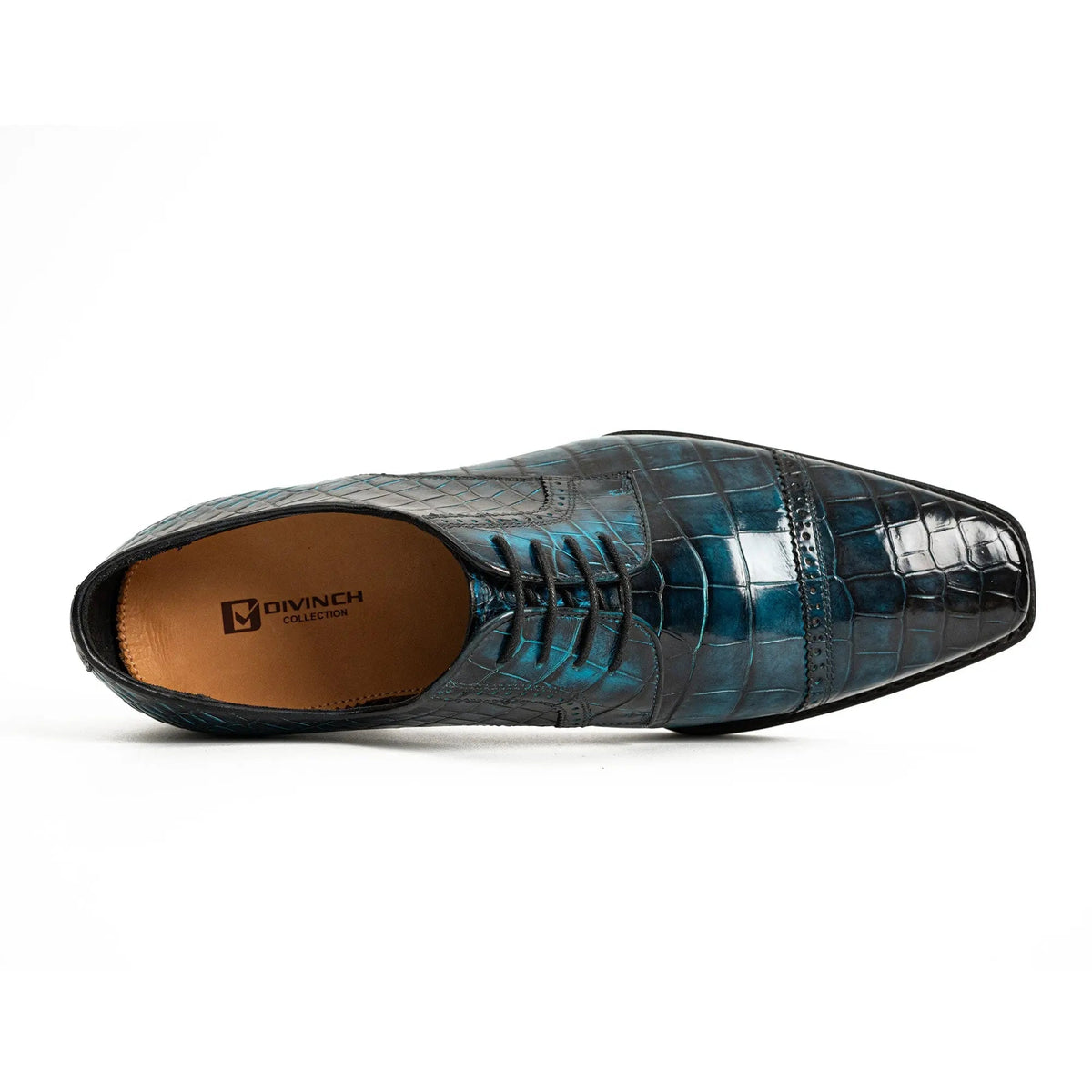 Blue Cap-Toe Crocodile Leather Derby Shoes