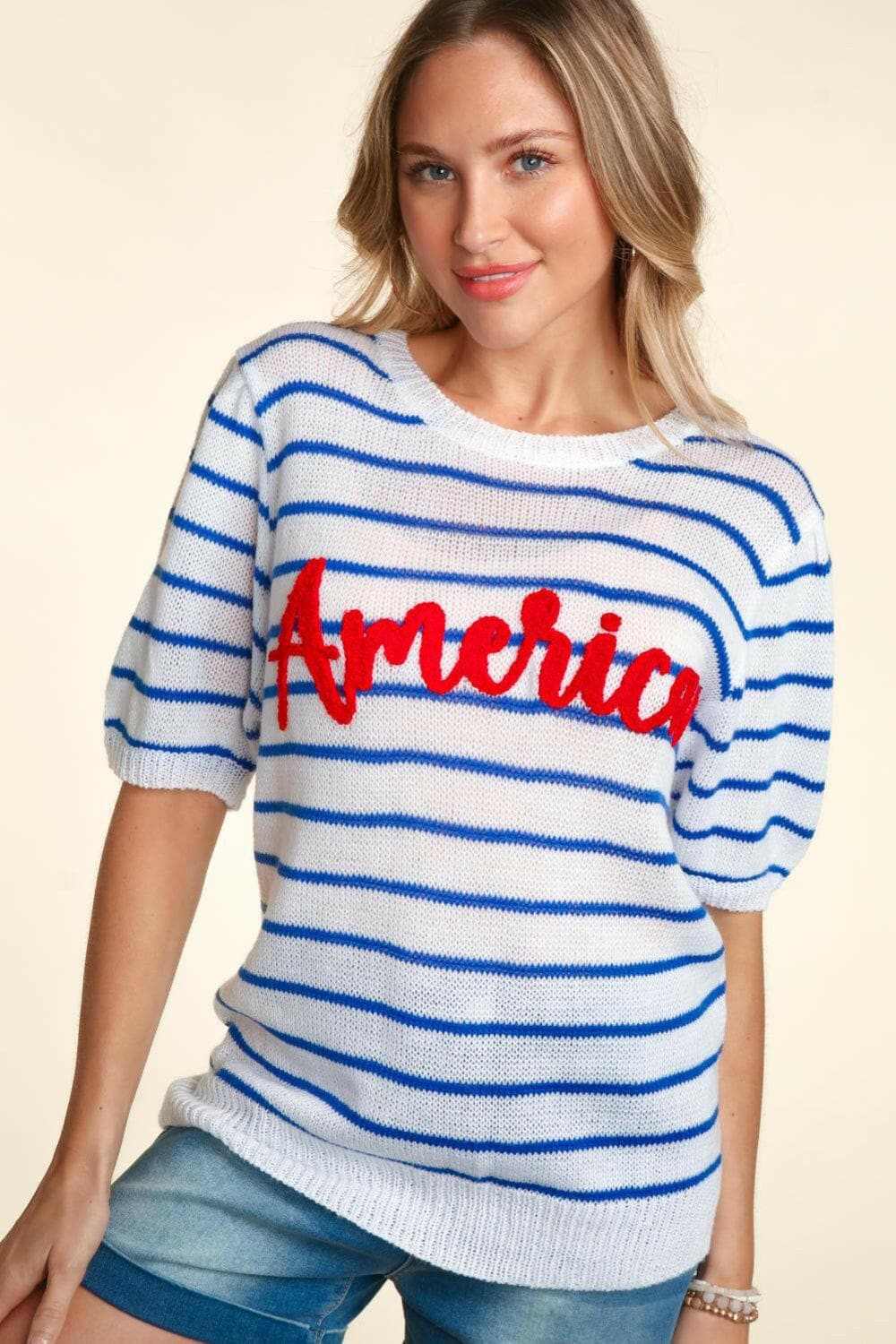 Shorts Trendsi Haptics striped knit top with embroidery