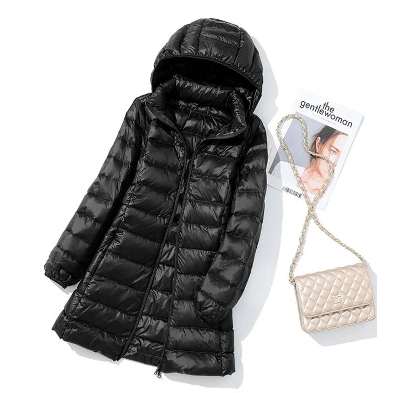SEDUTMO Winter Long Womens Down Coat  Ultra Light Thin Puffer Jacket Slim Casual Remove Hooded Parka ED1580