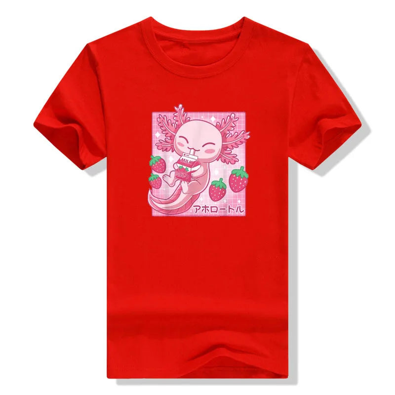 Camiseta de Leche de Fresa de Ajolote Kawaii