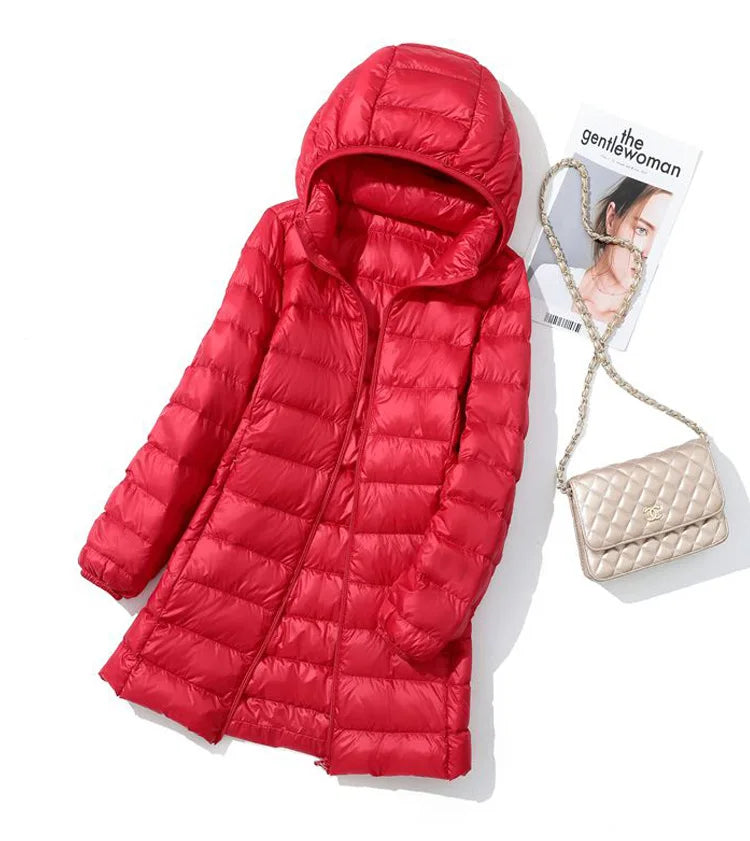 SEDUTMO Winter Long Womens Down Coat  Ultra Light Thin Puffer Jacket Slim Casual Remove Hooded Parka ED1580