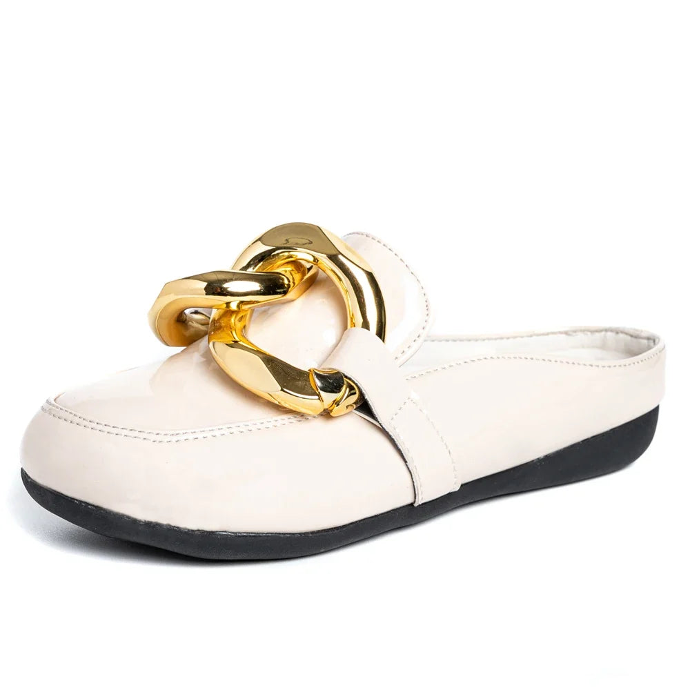 Women Slippers Gold Chain Closed Toe Slip On Mullers Shoes Round Toe Low Heels Casual Slides Flip Flop Brand Designer Shoes