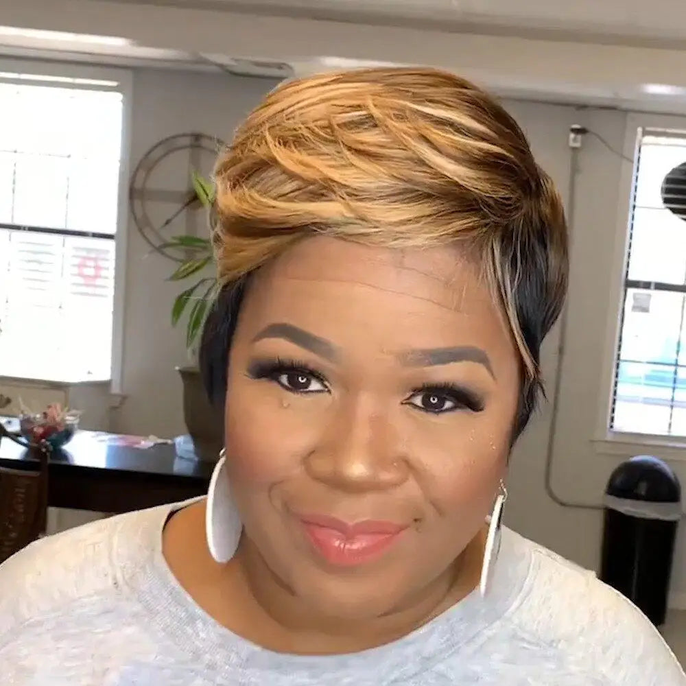 WIGERA Pelucas sintéticas destacadas Corto Liso Pixie Cut Peluca Bob Pelo Dorado Miel Mezcla Negro Cabello para Mujer
