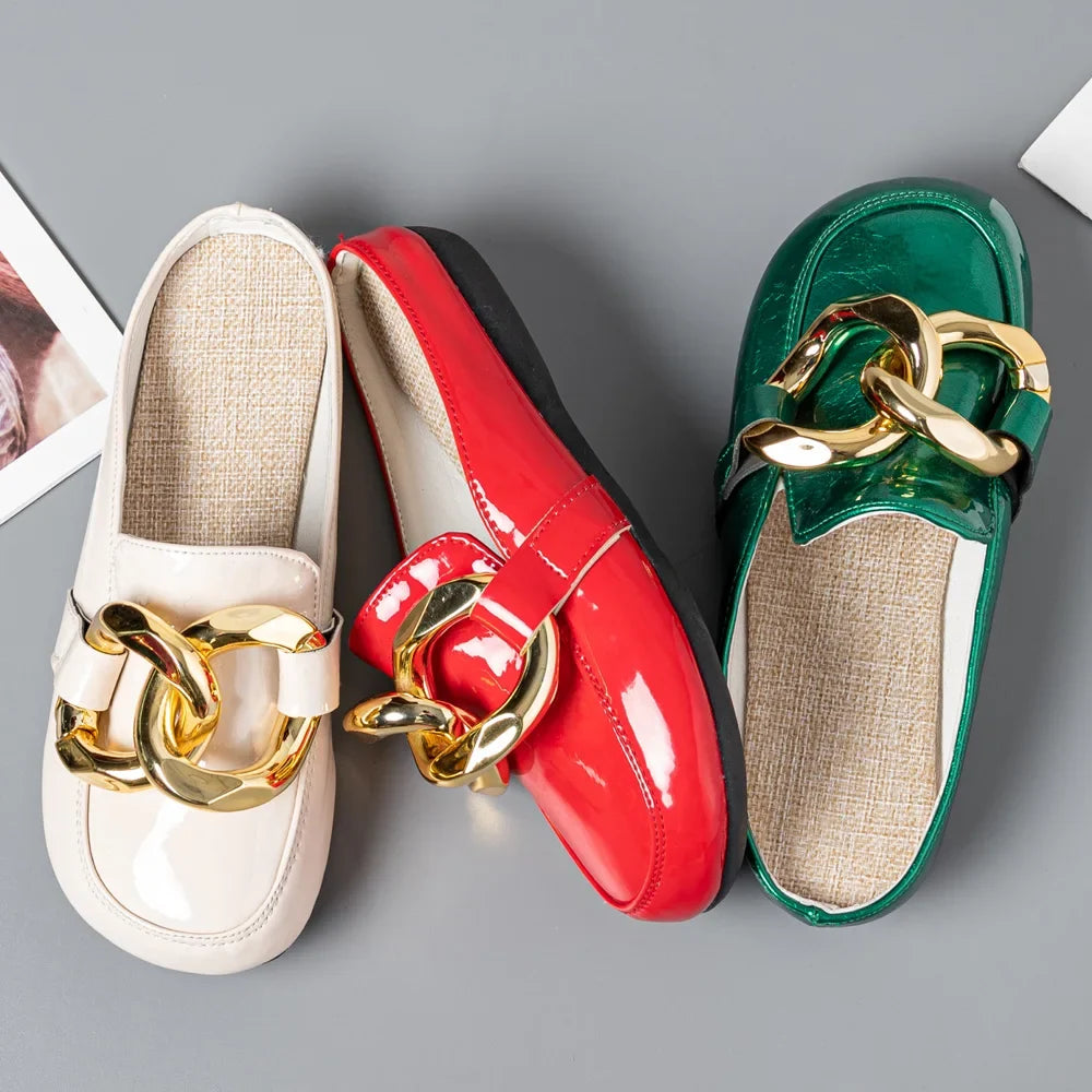 Women Slippers Gold Chain Closed Toe Slip On Mullers Shoes Round Toe Low Heels Casual Slides Flip Flop Brand Designer Shoes
