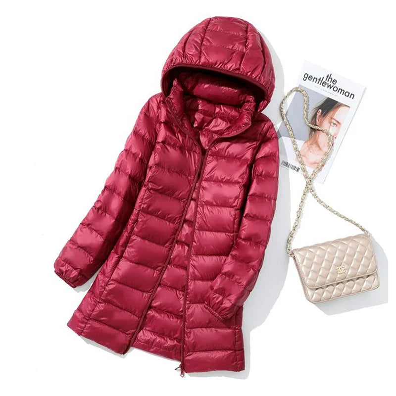 SEDUTMO Winter Long Womens Down Coat  Ultra Light Thin Puffer Jacket Slim Casual Remove Hooded Parka ED1580