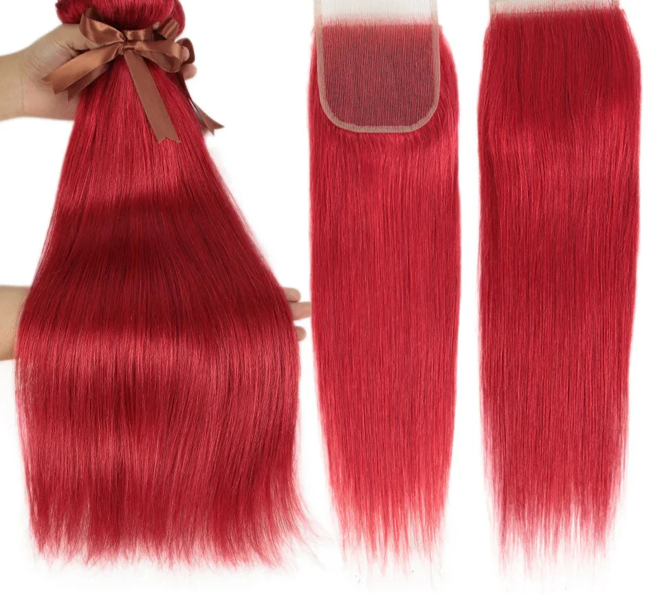 Extensiones de cabello lacio con reflejos rojos y rubios y cierre | 3 paquetes de cabello humano Remy brasileño