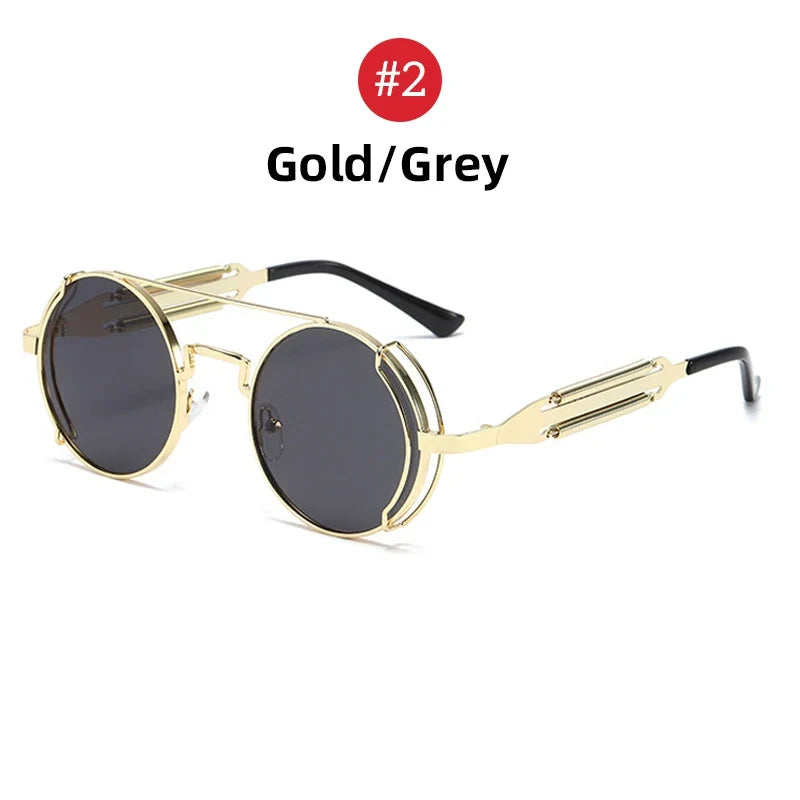 VIVIBEE Steampunk Sunglasses Men Round Red Lens Punk Sun Glasses Black Metal Gothic Style 2026 New Products Women UV400 Shades