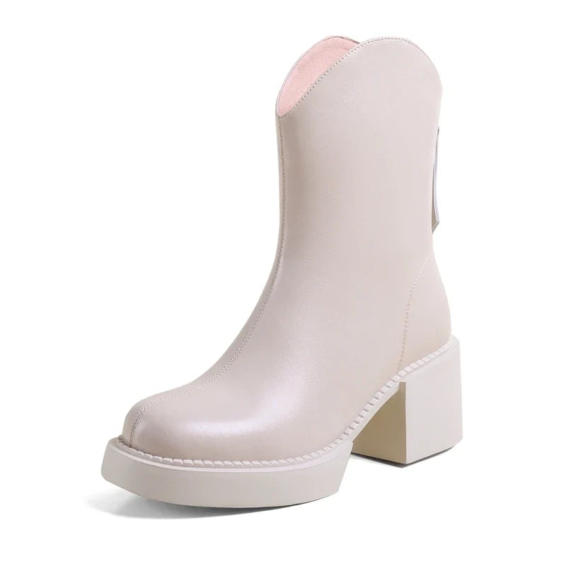 2022 Winter New Women Boots Women Shoes Round Toe Square Heel Real Wool Thick Heel Short Boots Solid Color Womens Platform Heels