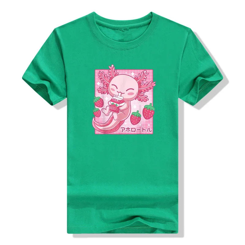 Camiseta de Leche de Fresa de Ajolote Kawaii