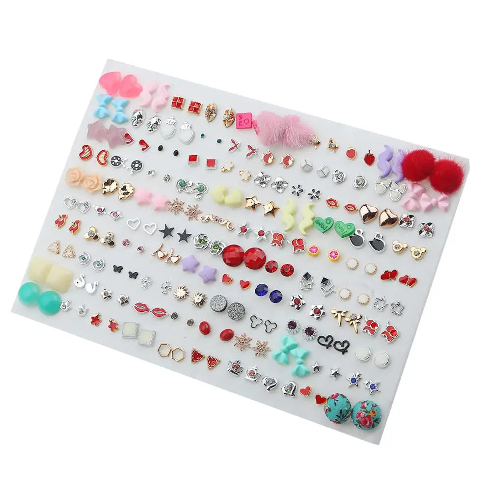 100pairs Acrylic Crystal Heart Star Moon Small Stud Earrings Set for
