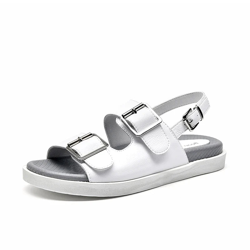BeauToday Casual Sandals Women Genuine Leather Metal Ankle Buckle Strap Summer Beach Ladies Low Heel Sport Shoes Handmade 38128