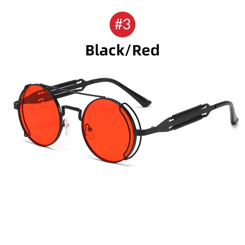 VIVIBEE Steampunk Sunglasses Men Round Red Lens Punk Sun Glasses Black Metal Gothic Style 2026 New Products Women UV400 Shades
