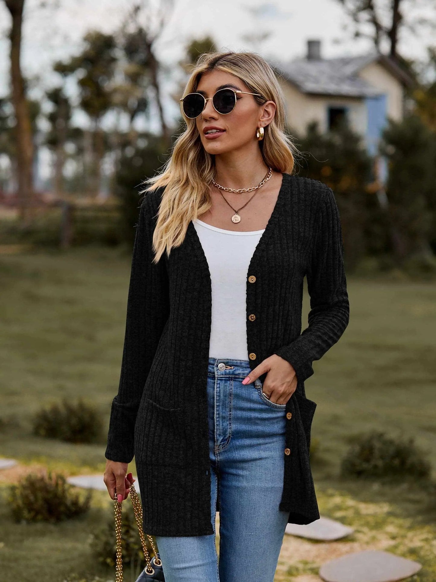 Sweaters Trendsi Heathered ribbed cardigan with pockets