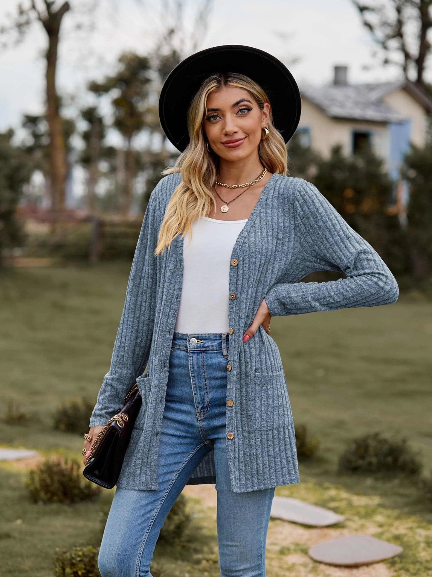 Sweaters Trendsi Heathered ribbed cardigan with pockets