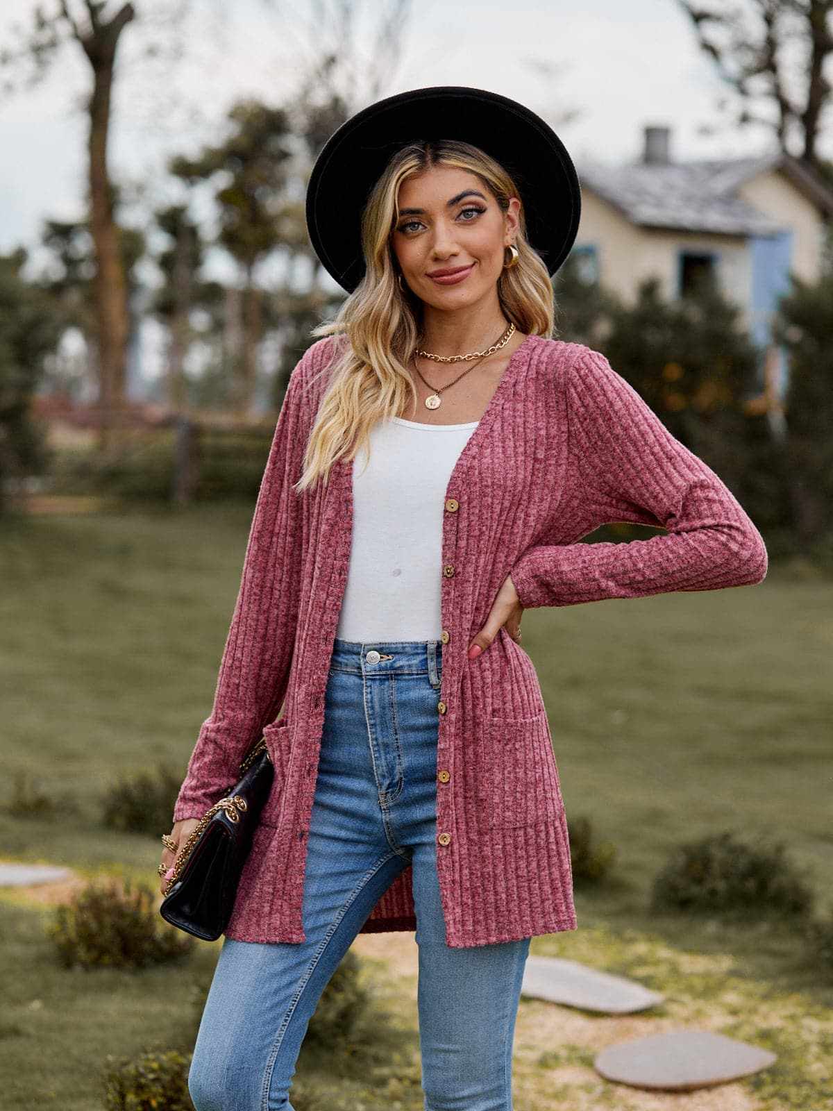 Sweaters Trendsi Heathered ribbed cardigan with pockets