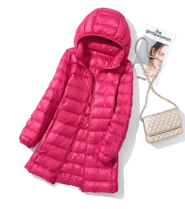 SEDUTMO Winter Long Womens Down Coat  Ultra Light Thin Puffer Jacket Slim Casual Remove Hooded Parka ED1580