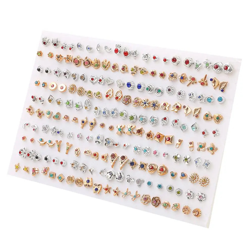 100pairs Acrylic Crystal Heart Star Moon Small Stud Earrings Set for