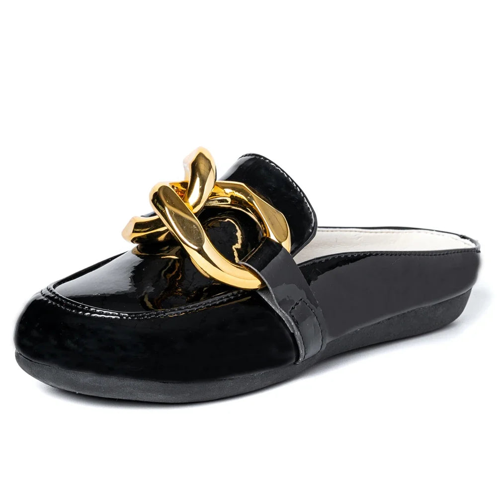 Women Slippers Gold Chain Closed Toe Slip On Mullers Shoes Round Toe Low Heels Casual Slides Flip Flop Brand Designer Shoes