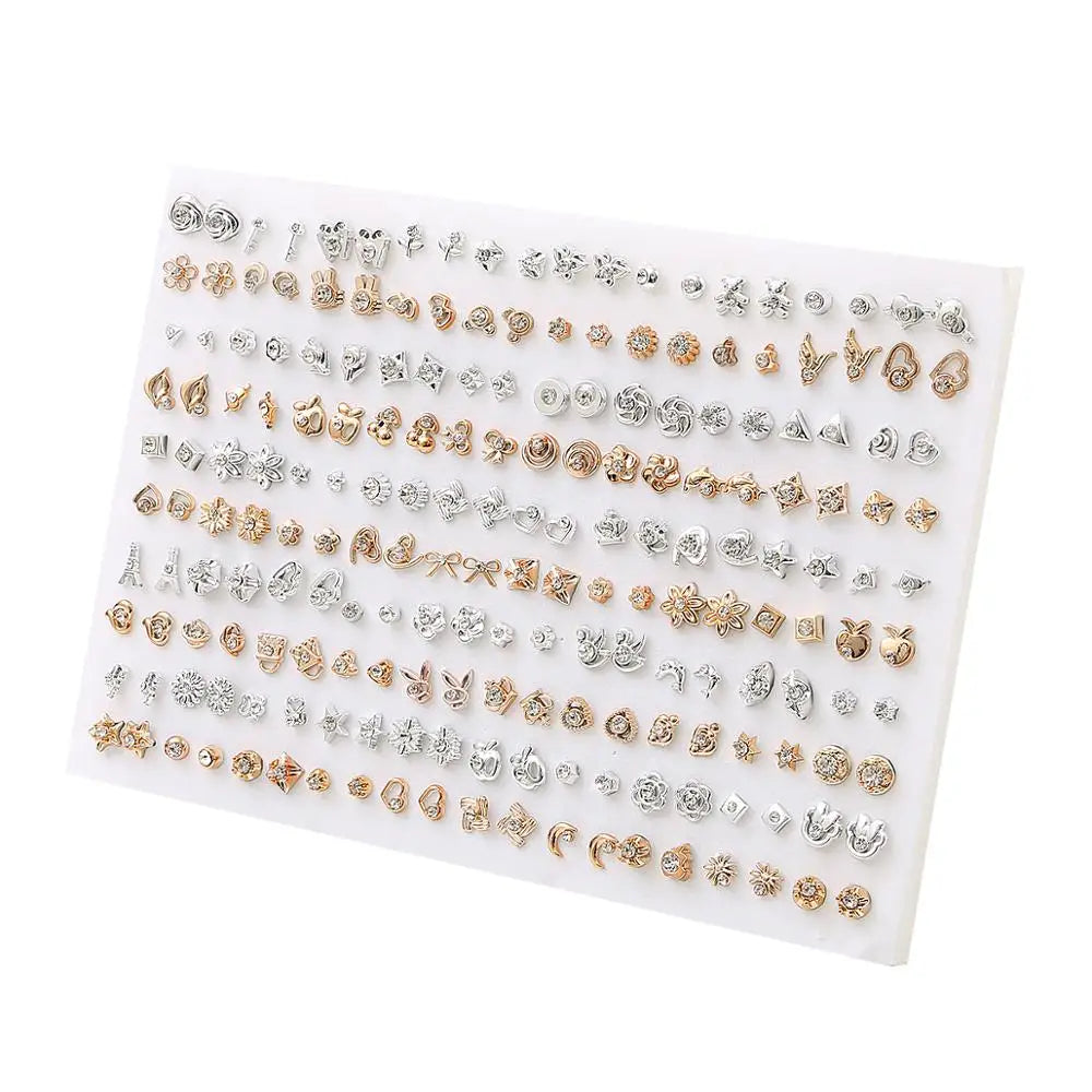100pairs Acrylic Crystal Heart Star Moon Small Stud Earrings Set for