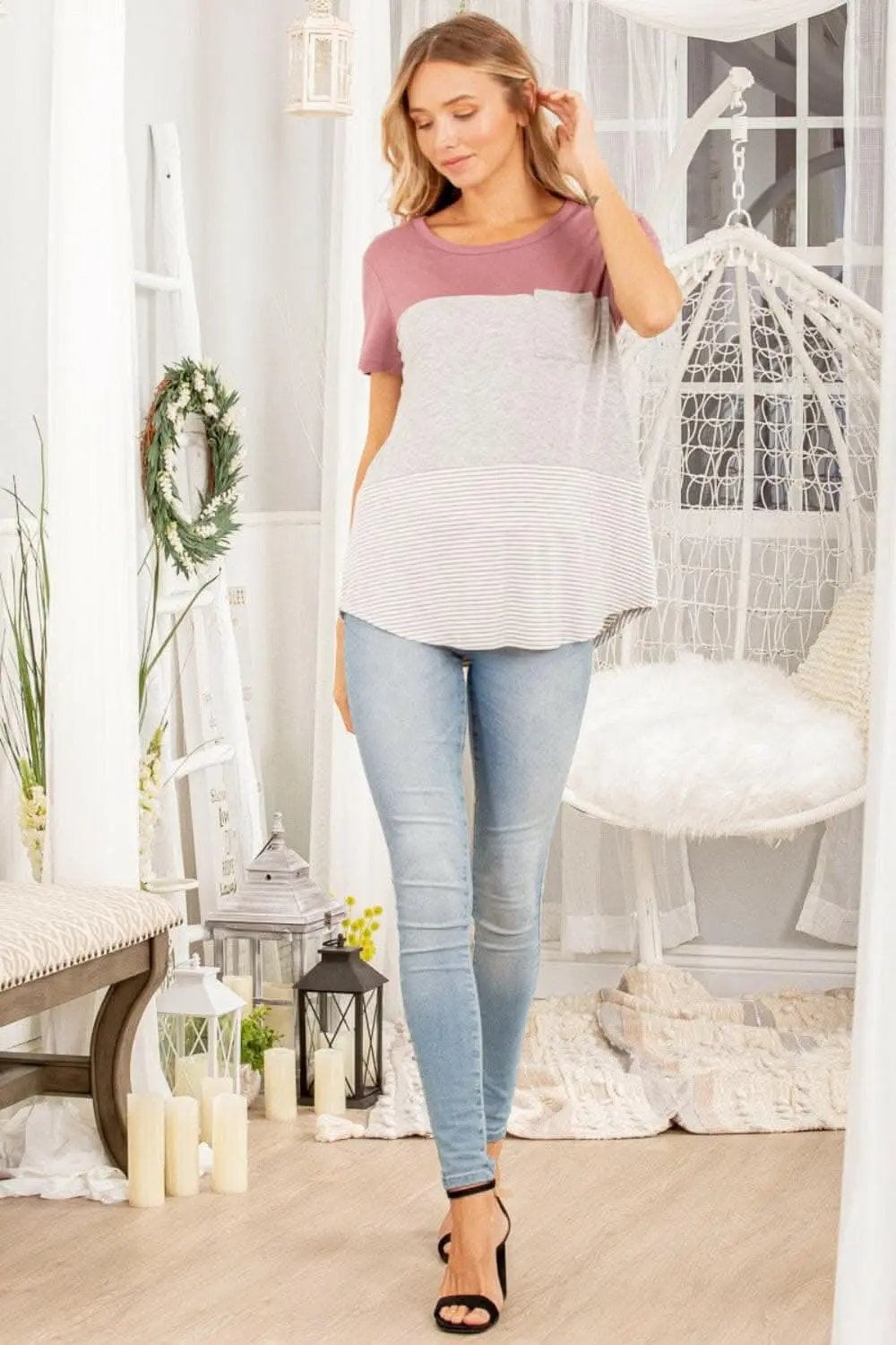 T-Shirts Trendsi usa - Heimish Color Block Striped Round Neck Short Sleeve T-Sh
