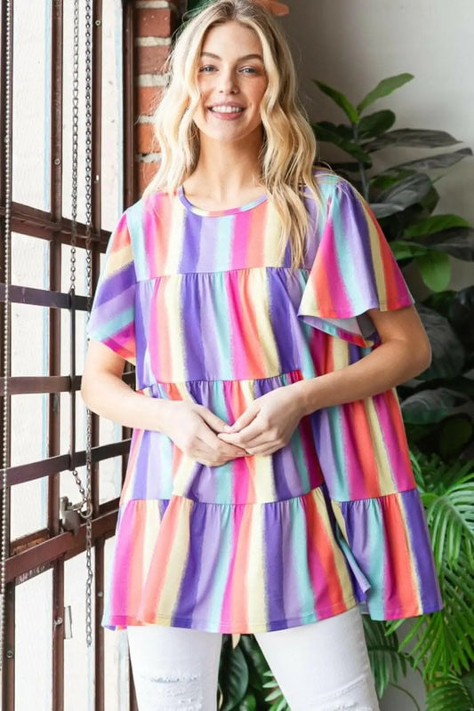 Camisetas Tendencias Pantalones cortos - Heimish Top acanalado de manga corta con estampado de rayas y talla grande