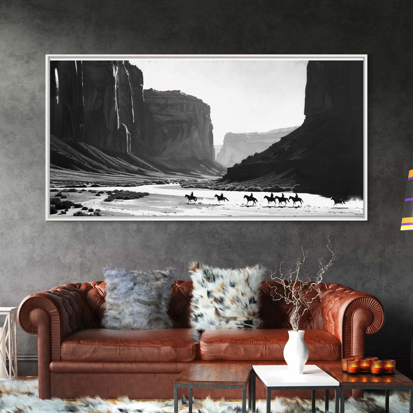 Framed Canvas Print of Cowboys Riding through Canyon, Western Wall Art for Living Room or Bedroom, Unique Home Decor