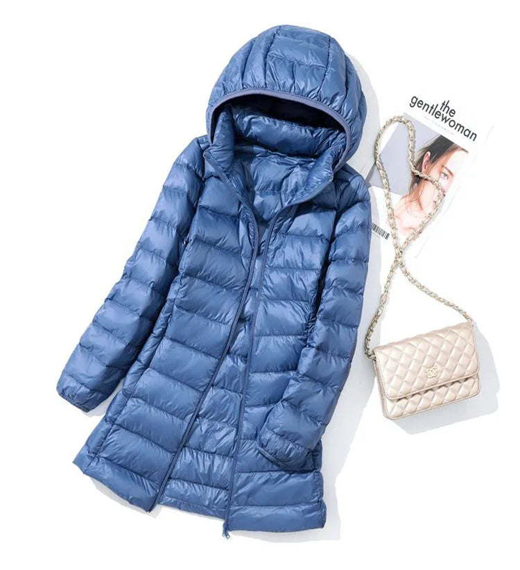 SEDUTMO Winter Long Womens Down Coat  Ultra Light Thin Puffer Jacket Slim Casual Remove Hooded Parka ED1580