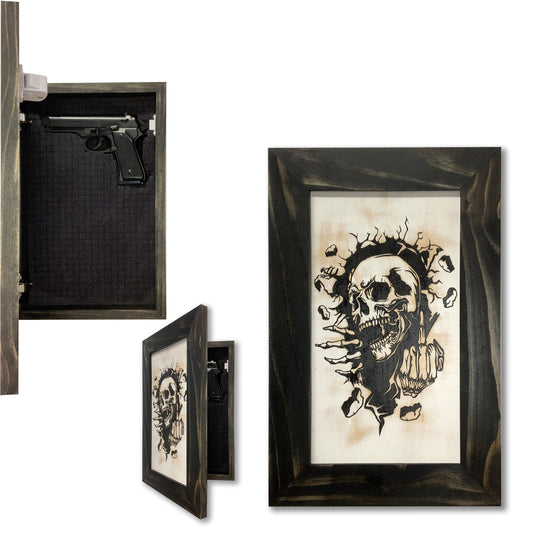 Hidden Gun Cabinet Safe with Skull Giving Middle Finger Wall Decor, Concealed Furniture