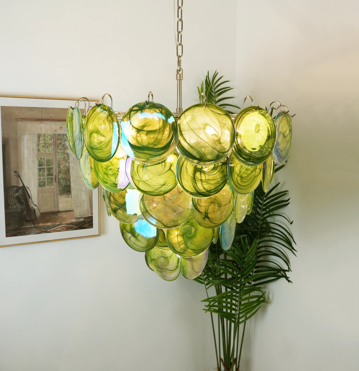 Lámpara de araña de disco Murano verde elegante