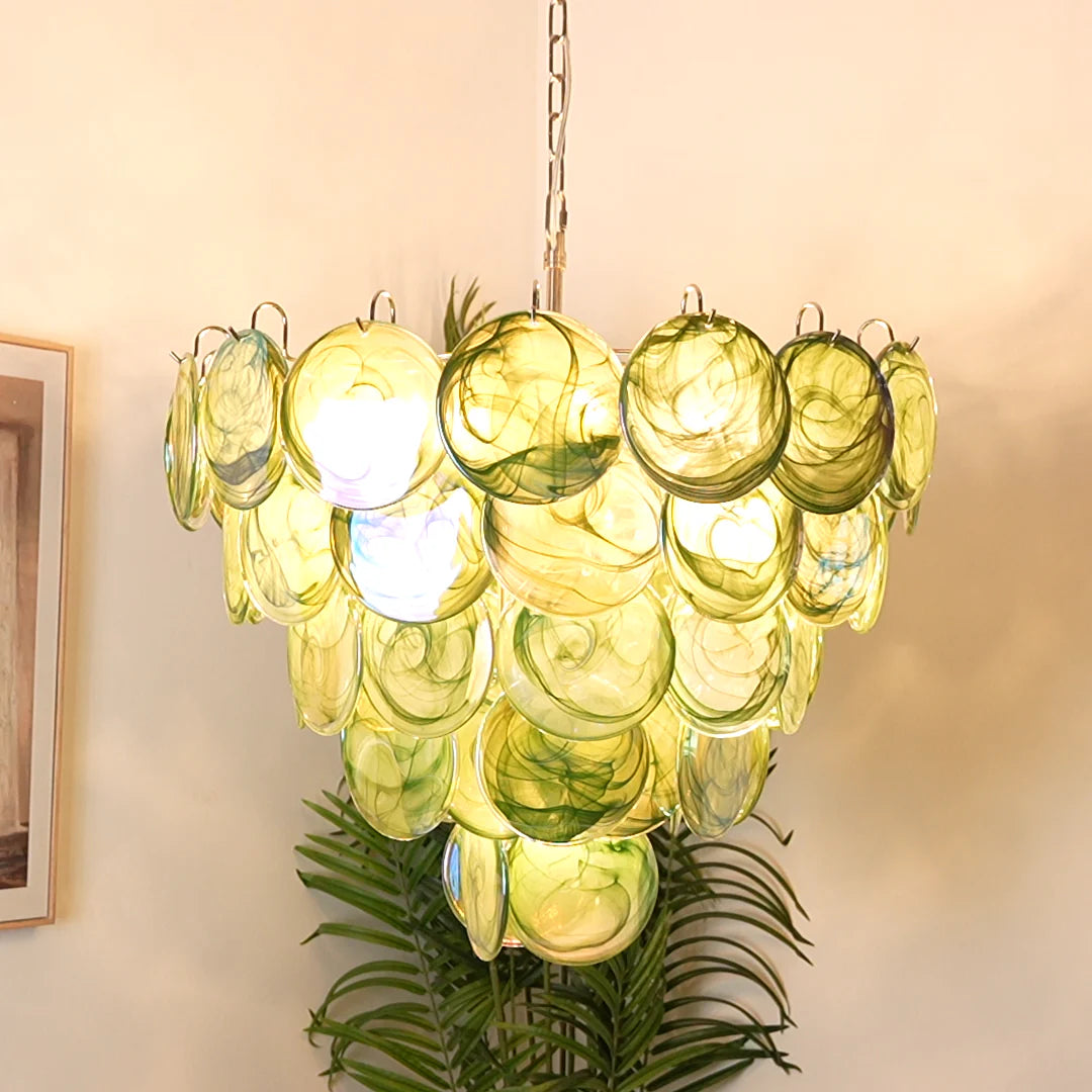 Lámpara de araña de disco Murano verde elegante