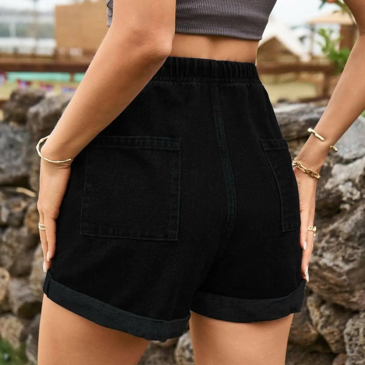 Denim Shorts - High-Waisted with Pockets - Casual