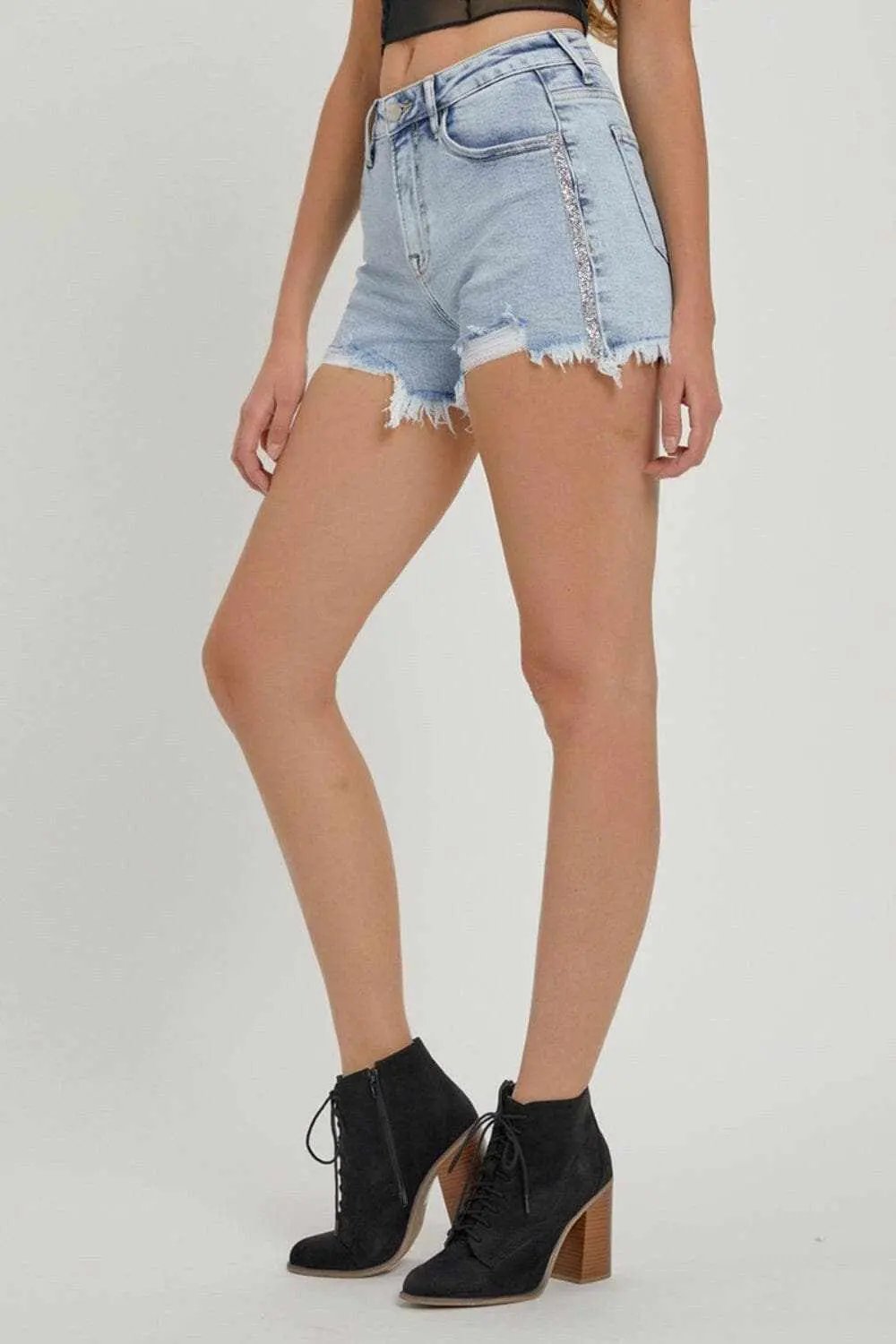Trendsi Pantalones Cortos de Jean con Diamantes de Imitación para Mujer, Tiro Alto, de Moda de Verano - Ajuste Premium