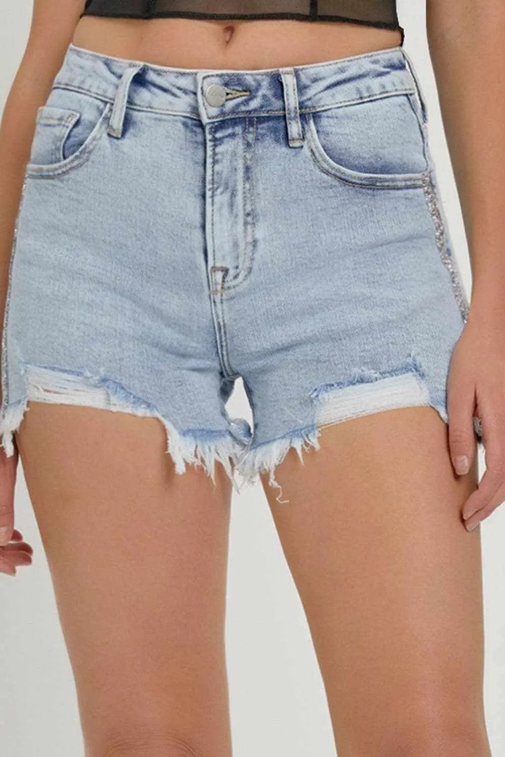 Trendsi Pantalones Cortos de Jean con Diamantes de Imitación para Mujer, Tiro Alto, de Moda de Verano - Ajuste Premium