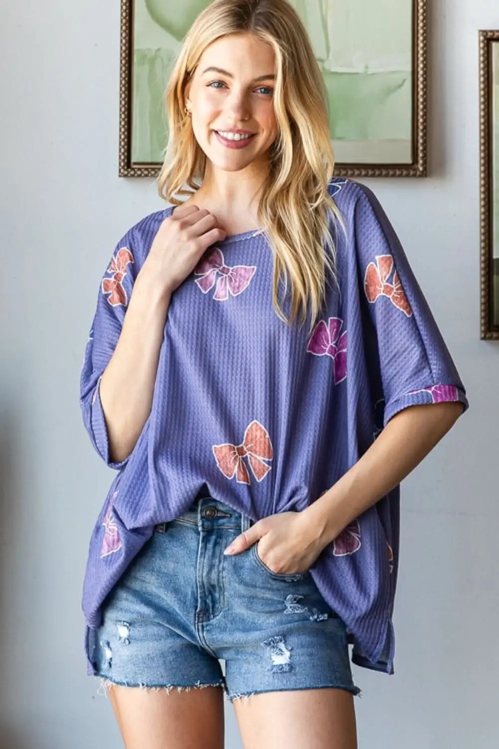 T-Shirts Trendsi Bow Print Tee Women's Casual Slit Hem T-Shirt TikTok Viral