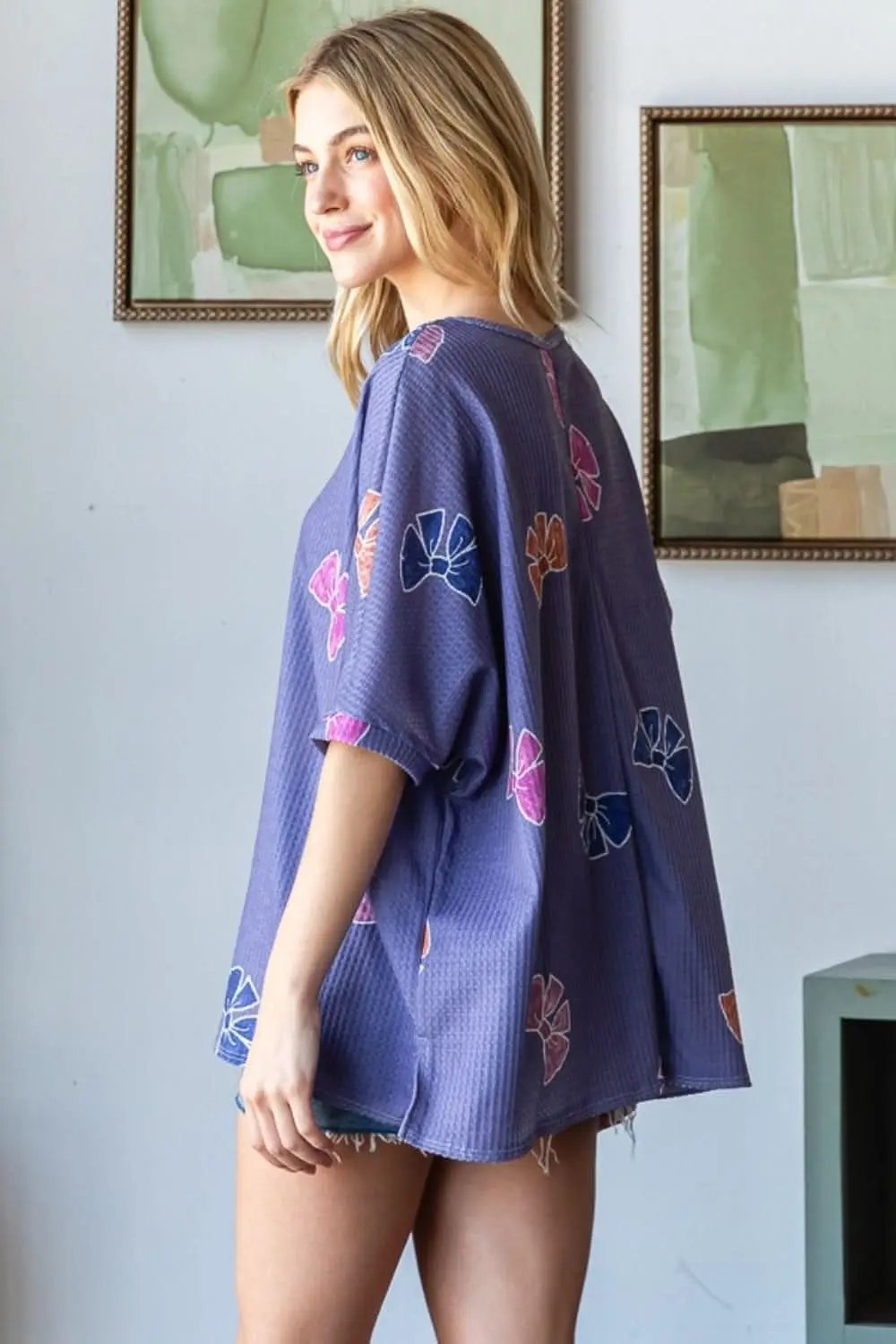 T-Shirts Trendsi Bow Print Tee Women's Casual Slit Hem T-Shirt TikTok Viral