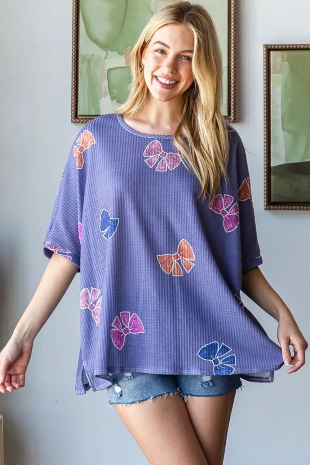 T-Shirts Trendsi Bow Print Tee Women's Casual Slit Hem T-Shirt TikTok Viral