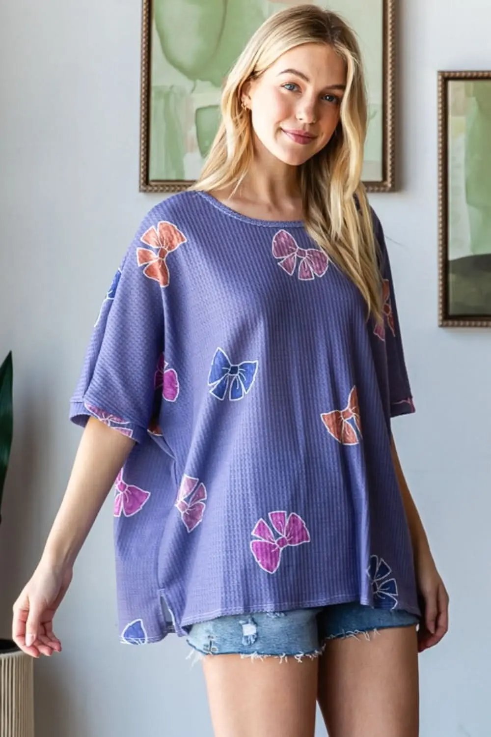 T-Shirts Trendsi Bow Print Tee Women's Casual Slit Hem T-Shirt TikTok Viral