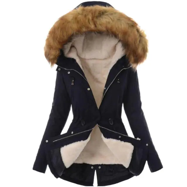 Casual Long Cotton Puffer Coat with Faux Fur Hood